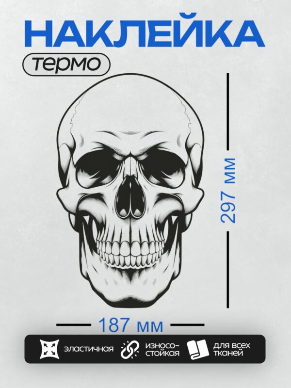 Термонаклейка на одежду DTF / Черно-белый графический череп с четкими линиями.