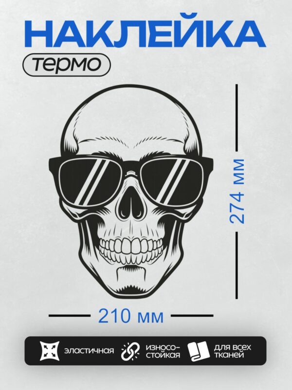 Термонаклейка на одежду DTF / Череп в стильных солнцезащитных очках, черно-белый стиль.