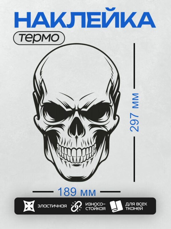 Термонаклейка на одежду DTF / Черно-белый череп с четкими линиями и агрессивным выражением.