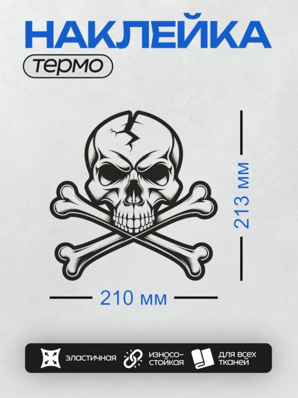 Термонаклейка на одежду DTF / Черно-белый череп с костями, стилизованный рисунок.