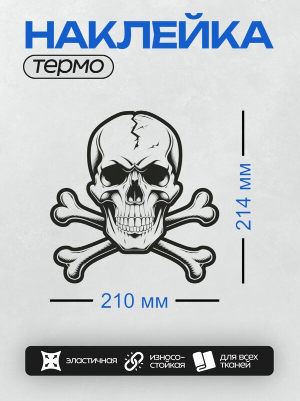 Термонаклейка на одежду DTF / Стилизованный череп с трещиной на лбу и скрещёнными костями.