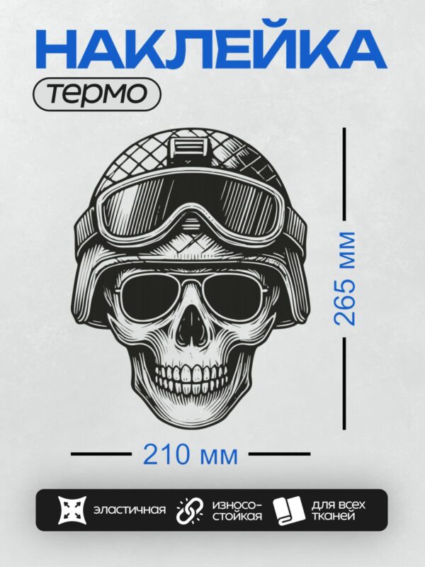 Термонаклейка на одежду DTF / Череп в шлеме с очками, стилизованный рисунок.