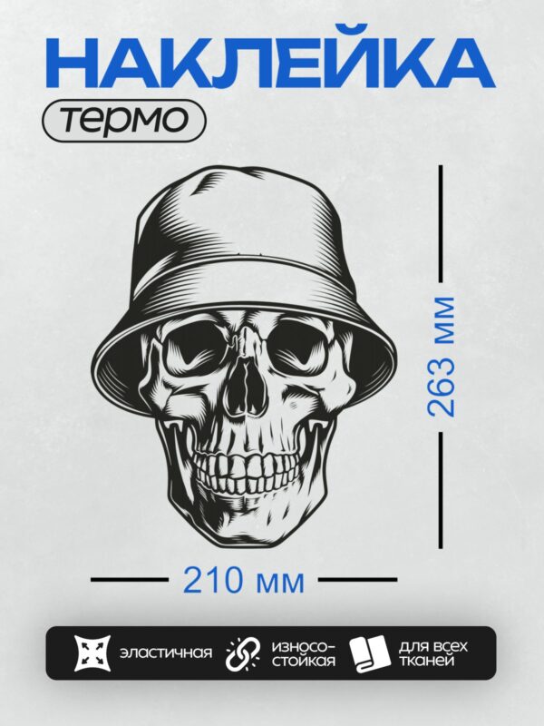 Термонаклейка на одежду DTF / Череп в панаме, стилизованный черно-белый рисунок.