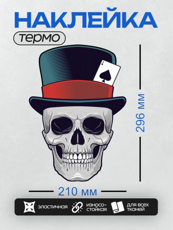 Термонаклейка на одежду DTF / Череп в цилиндре с тузом пик.