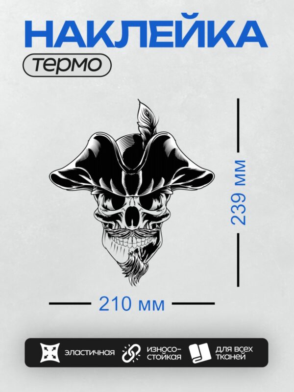 Термонаклейка на одежду DTF / Череп в пиратской шляпе с усами и бородой.