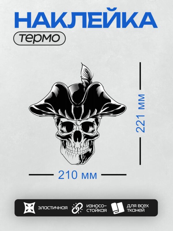 Термонаклейка на одежду DTF / Череп в пиратской шляпе с пером, черно-белый стиль.