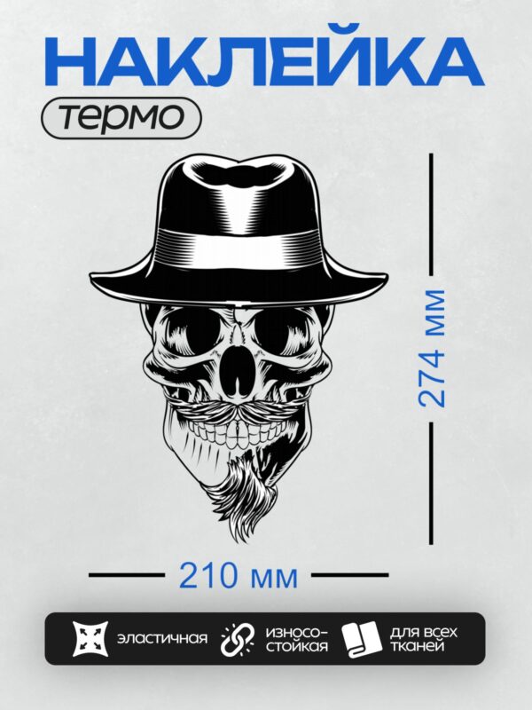 Термонаклейка на одежду DTF / Череп в шляпе с усами и бородой, стилизованный рисунок.