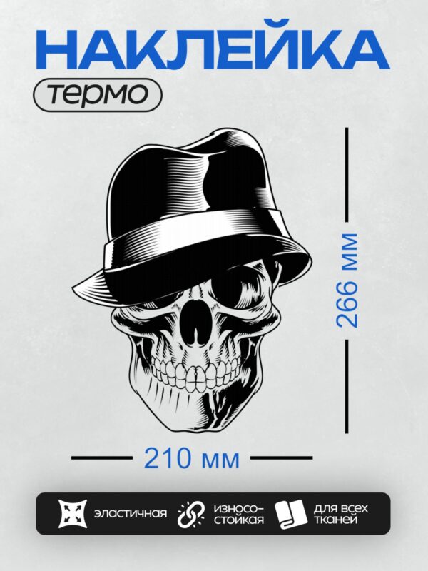 Термонаклейка на одежду DTF / Череп в шляпе, выполненный в стиле черно-белой графики.