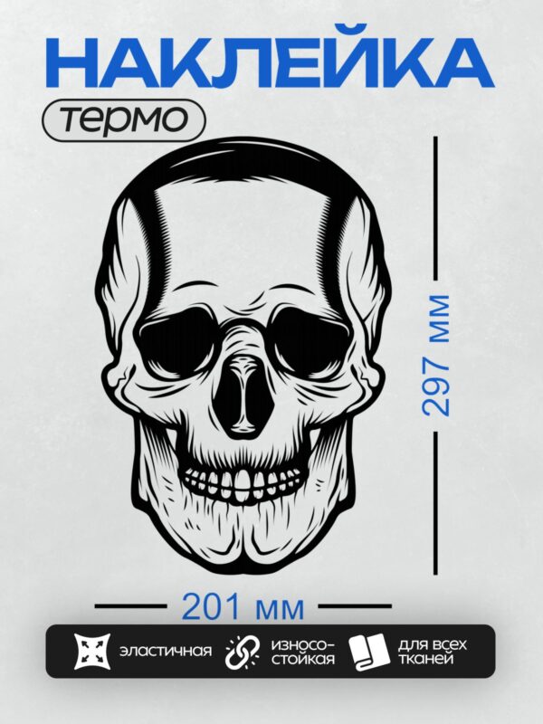 Термонаклейка на одежду DTF / Черно-белый череп с четкими линиями и деталями.