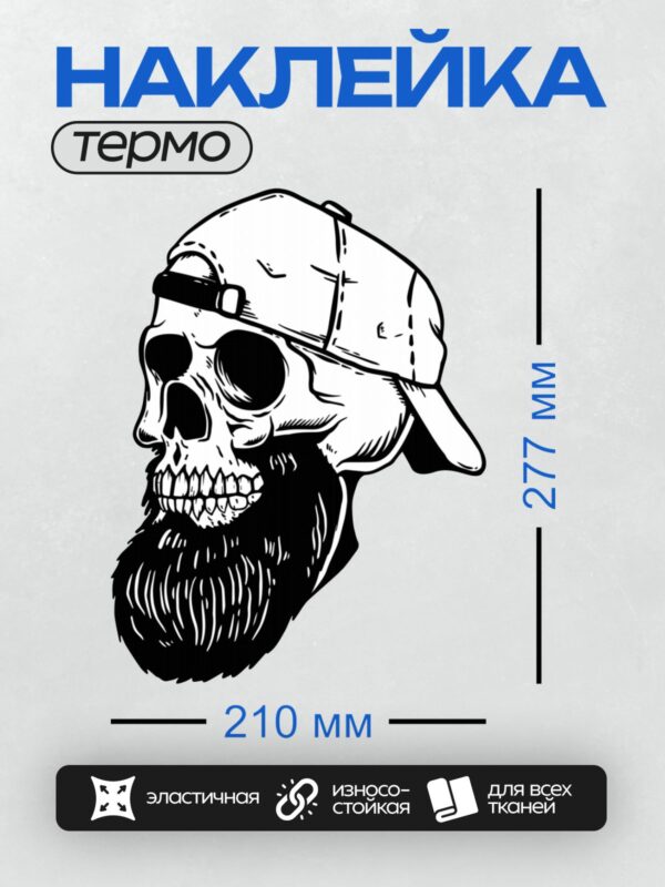 Термонаклейка на одежду DTF / Череп в кепке с бородой, черно-белый стиль.
