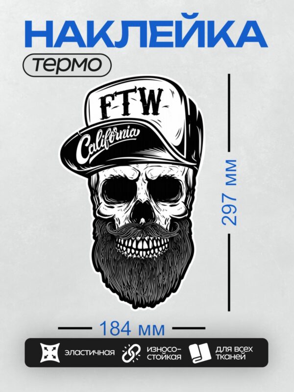 Термонаклейка на одежду DTF / Стилизованный череп в кепке с надписью "FTW California".
