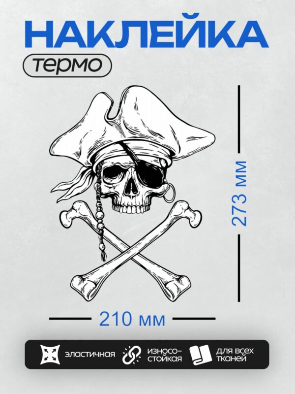 Термонаклейка на одежду DTF / Череп в пиратской шляпе с перекрещенными костями.