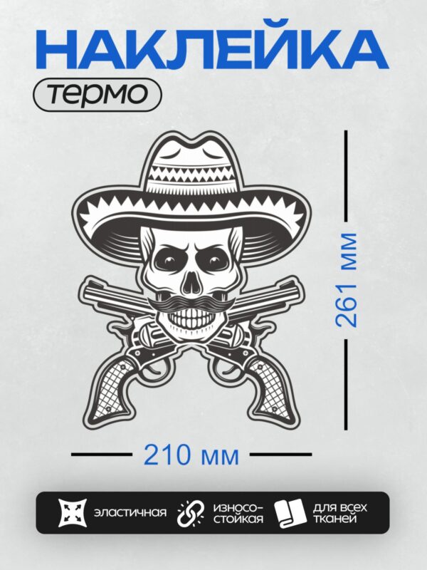 Термонаклейка на одежду DTF / Череп в сомбреро с усами и пистолетами.