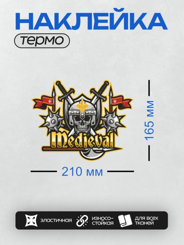 Термонаклейка на одежду DTF / Череп в шлеме, мечи, щиты, флаги, надпись "Medieval".