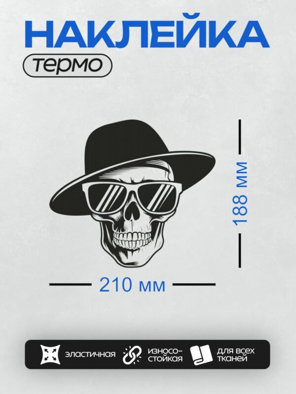 Термонаклейка на одежду DTF / Череп в шляпе и солнечных очках, стильный и дерзкий.
