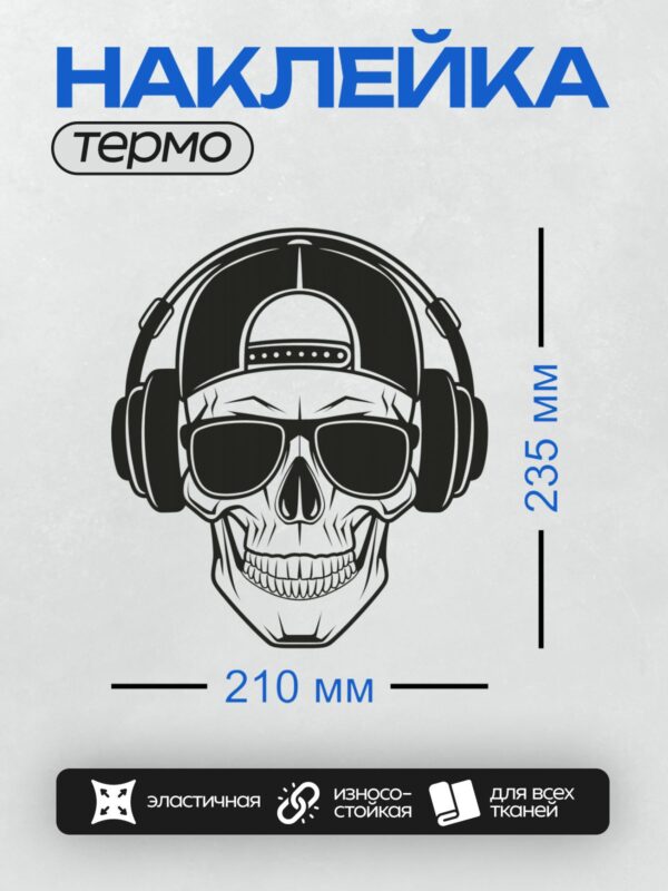 Термонаклейка на одежду DTF / Череп в кепке, наушниках и солнцезащитных очках.
