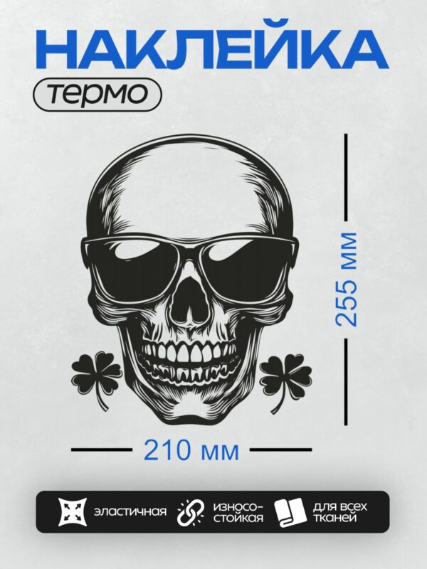 Термонаклейка на одежду DTF / Череп в солнцезащитных очках с четырехлистным клевером.