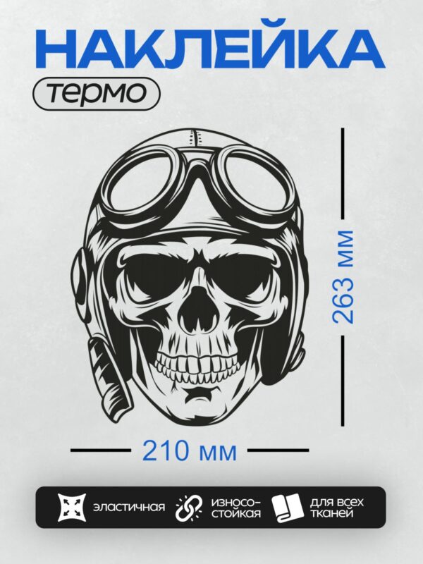 Термонаклейка на одежду DTF / Стилизованный череп в шлеме с очками и сигаретой.