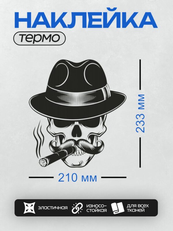 Термонаклейка на одежду DTF / Череп в шляпе с сигарой и густыми усами.