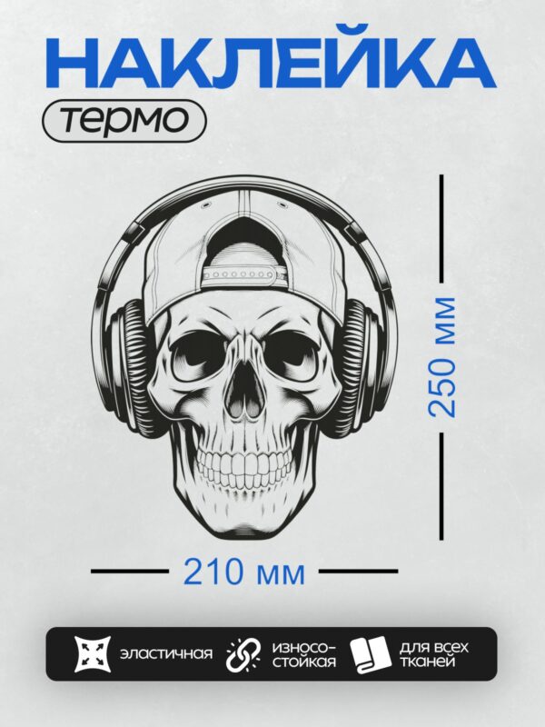 Термонаклейка на одежду DTF / Череп в бейсболке и наушниках, стилизованный рисунок.