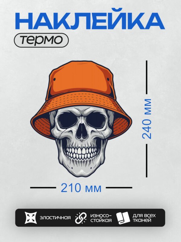 Термонаклейка на одежду DTF / Стилизованный череп в оранжевой панаме.