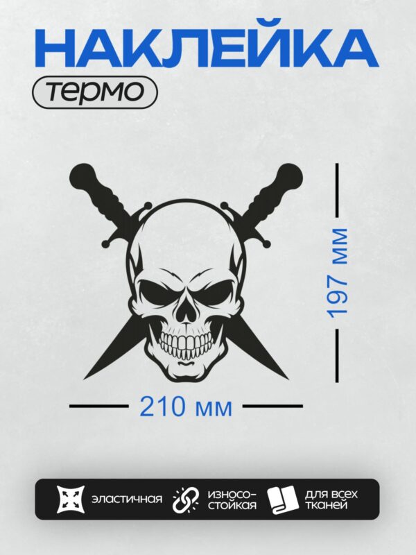 Термонаклейка на одежду DTF / Череп с перекрещенными мечами, черно-белый стиль.
