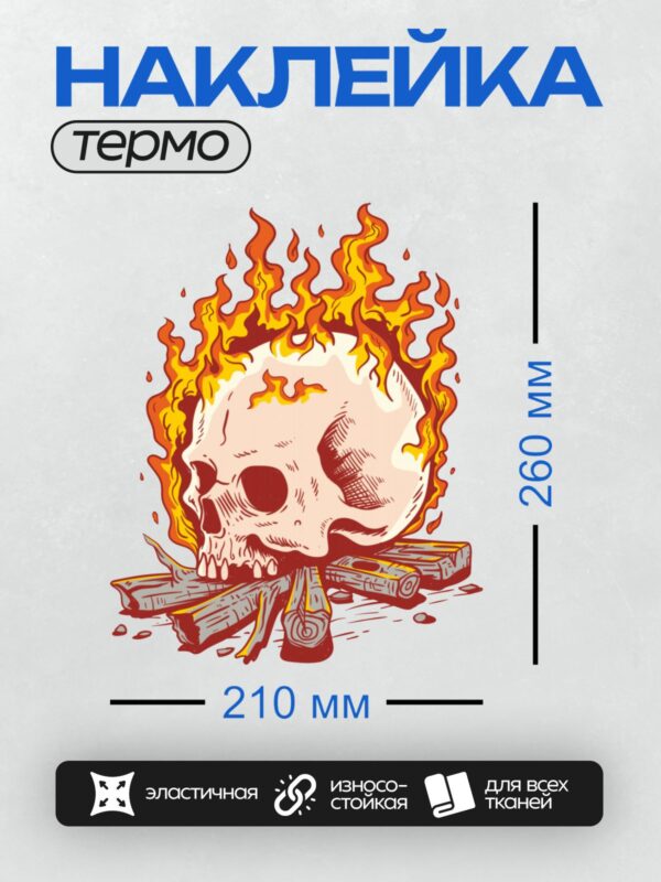 Термонаклейка на одежду DTF / Череп в огне, окружённый горящими дровами.