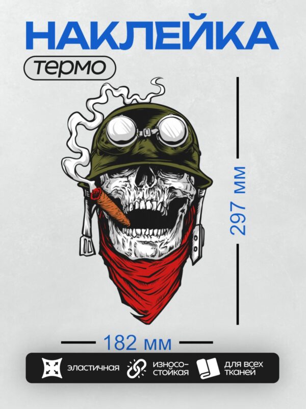 Термонаклейка на одежду DTF / Череп в военной каске, с сигарой и банданой.