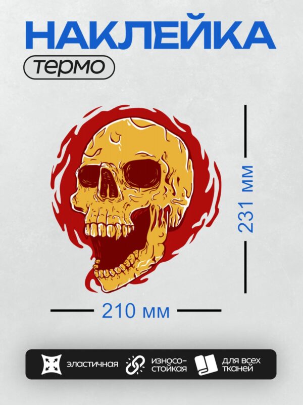 Термонаклейка на одежду DTF / Череп в огне, окружённый яркими красными языками пламени.