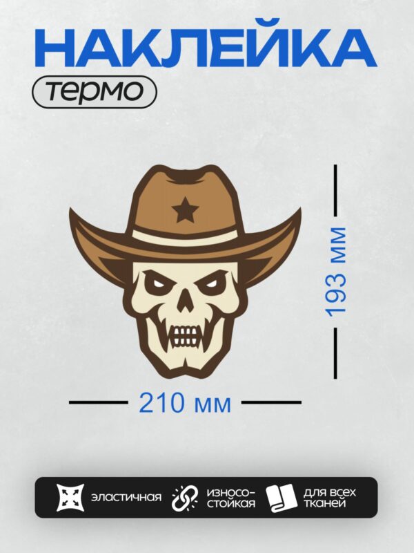 Термонаклейка на одежду DTF / Череп в ковбойской шляпе с черной звездой.