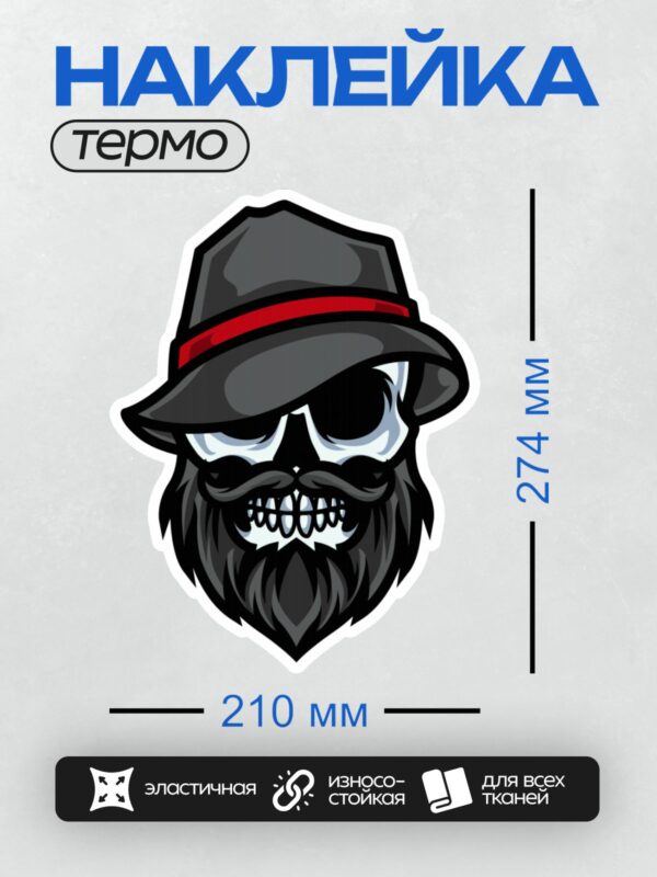 Термонаклейка на одежду DTF / Череп в шляпе с красной лентой, с бородой и усами.