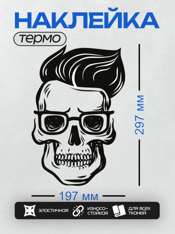 Термонаклейка на одежду DTF / Череп в очках с модной прической.