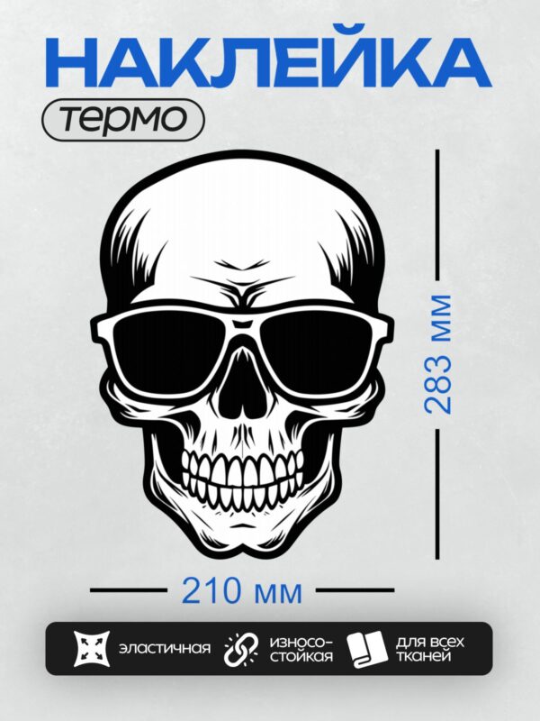 Термонаклейка на одежду DTF / Стилизованный череп в больших черных очках.