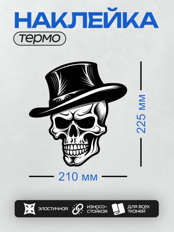 Термонаклейка на одежду DTF / Стилизованный череп в цилиндре, черно-белый рисунок.