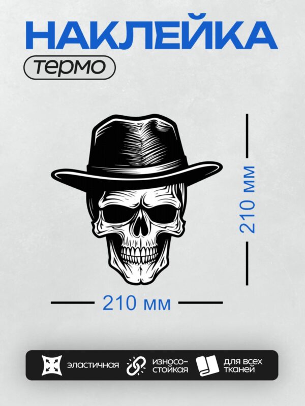 Термонаклейка на одежду DTF / Стилизованный череп в шляпе с широкими полями.