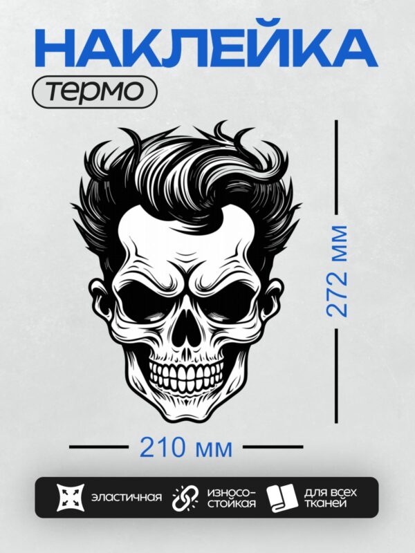 Термонаклейка на одежду DTF / Стилизованный черно-белый череп с динамичными линиями.