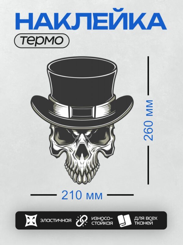 Термонаклейка на одежду DTF / Череп в цилиндре, стилизованный, черно-белый.