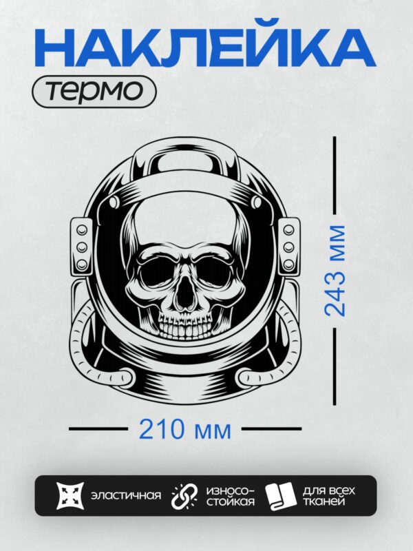 Термонаклейка на одежду DTF / Череп в шлеме космонавта, черно-белая графика.