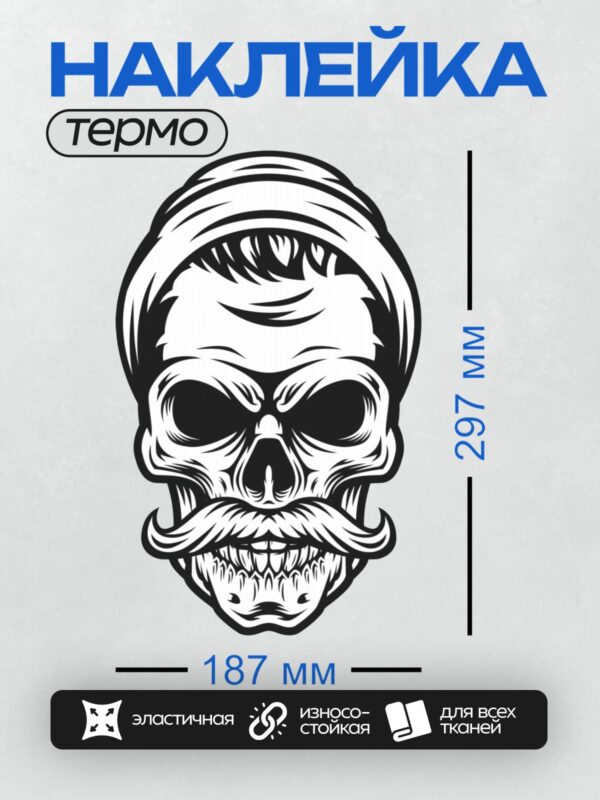 Термонаклейка на одежду DTF / Стилизованный череп в бандане с усами.