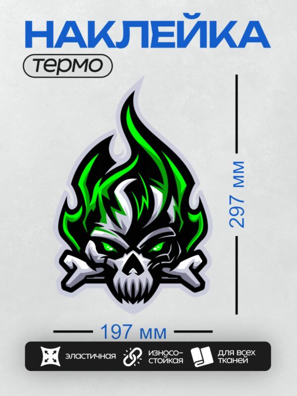 Термонаклейка на одежду DTF / Стилизованный череп с зелёным пламенем и костями.