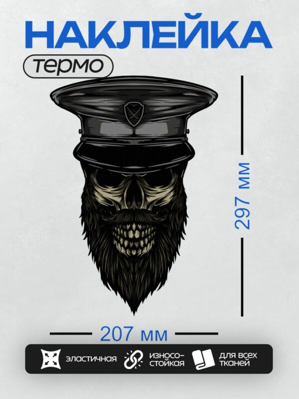 Термонаклейка на одежду DTF / Стилизованный череп с бородой в военной фуражке.