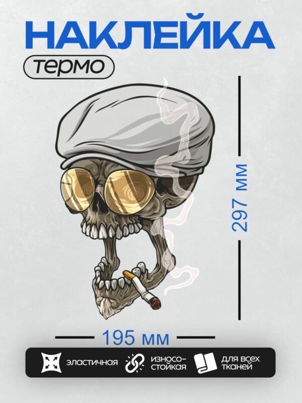 Термонаклейка на одежду DTF / Мультяшный череп в фуражке, с очками и сигаретой.