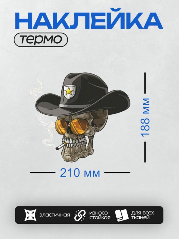 Термонаклейка на одежду DTF / Череп в ковбойской шляпе, с очками и сигаретой.