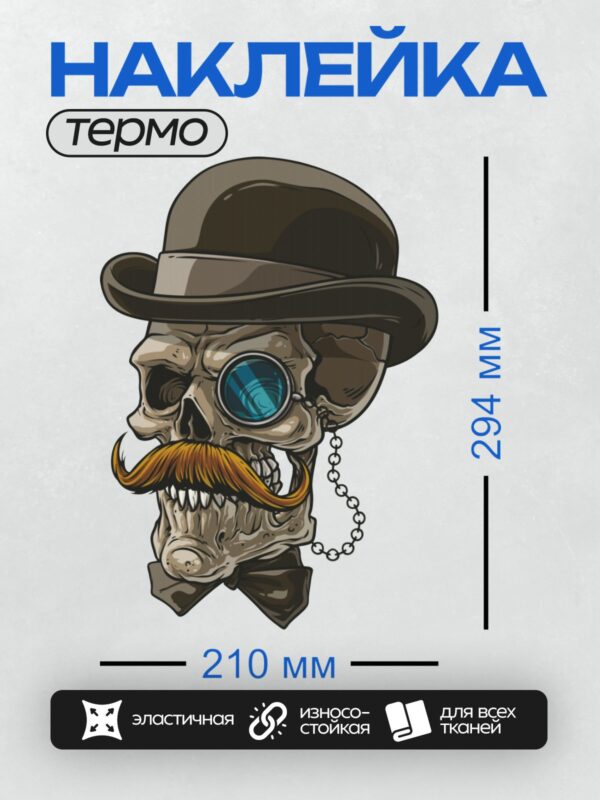 Термонаклейка на одежду DTF / Мультяшный череп джентльмена с усами, шляпой и моноклем.