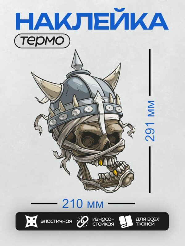 Термонаклейка на одежду DTF / Череп викинга в шлеме с рогами и бинтами.