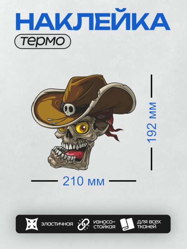 Термонаклейка на одежду DTF / Мультяшный череп в ковбойской шляпе с банданой.