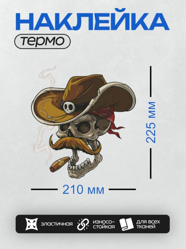 Термонаклейка на одежду DTF / Череп в ковбойской шляпе с усами и сигарой.