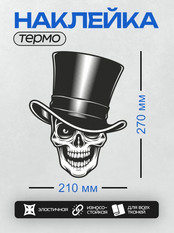Термонаклейка на одежду DTF / Череп в цилиндре, стилизованный, черно-белый.