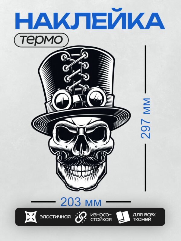 Термонаклейка на одежду DTF / Стилизованный череп в цилиндре с очками.