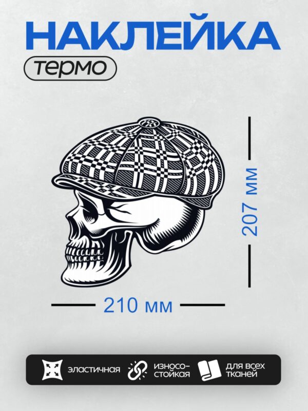 Термонаклейка на одежду DTF / Череп в клетчатой кепке, стилизованный рисунок.